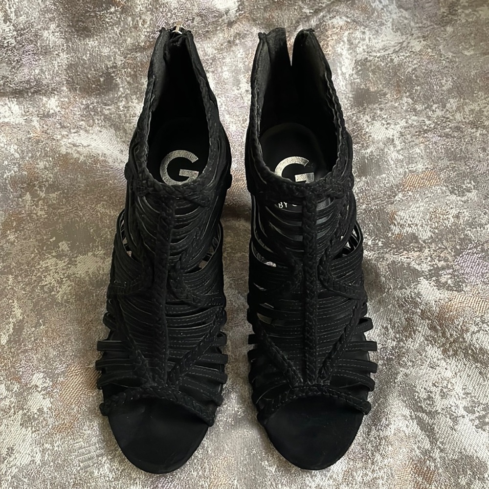 GUESS black suede cage style sandals with block heel and zipper back